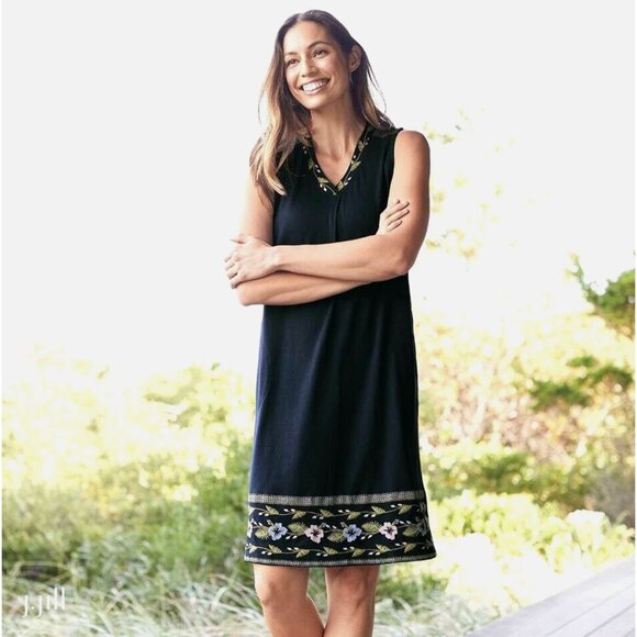 J. Jill Navy Blue Embroidered Cotton-Blend Dress w/Pockets Size Large Summer - Picture 1 of 12